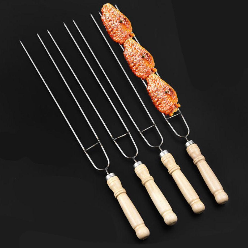 BARRY บาร์บีคิว Skewer Meat String ส้อมปิคนิค U-Shaped สแตนเลสด้ามไม้ ...