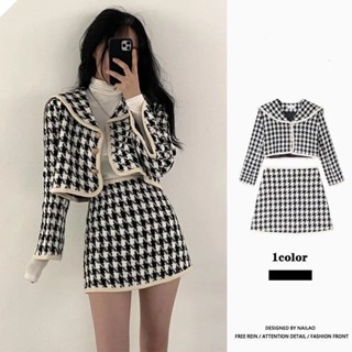  New🌞 ชุดเช็ต 2 ชิ้น💕  เสื้อสูท​+กระโปรงสั้น houndstooth 💕ชุดเซ็ตสไตล์สาวเกาหลี