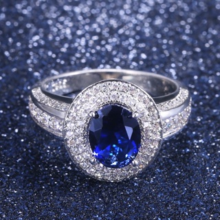 แหวนเงินแท้ 925 ประดับเพทาย สีฟ้าเข้ม หรูหรา แฟชั่น สําหรับผู้หญิง ภรรยา
