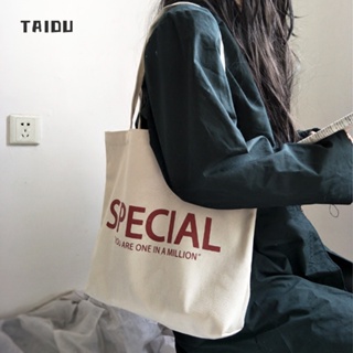 TAIDU กระเป๋าผ้าแคนวาสสไตล์ใหม่ กระเป๋าเป้แฟชั่นพิมพ์ลายตัวอักษร ายแฮนด์เมดเวอร์ชั่นเกาหลี ความจุขนาดใหญ่