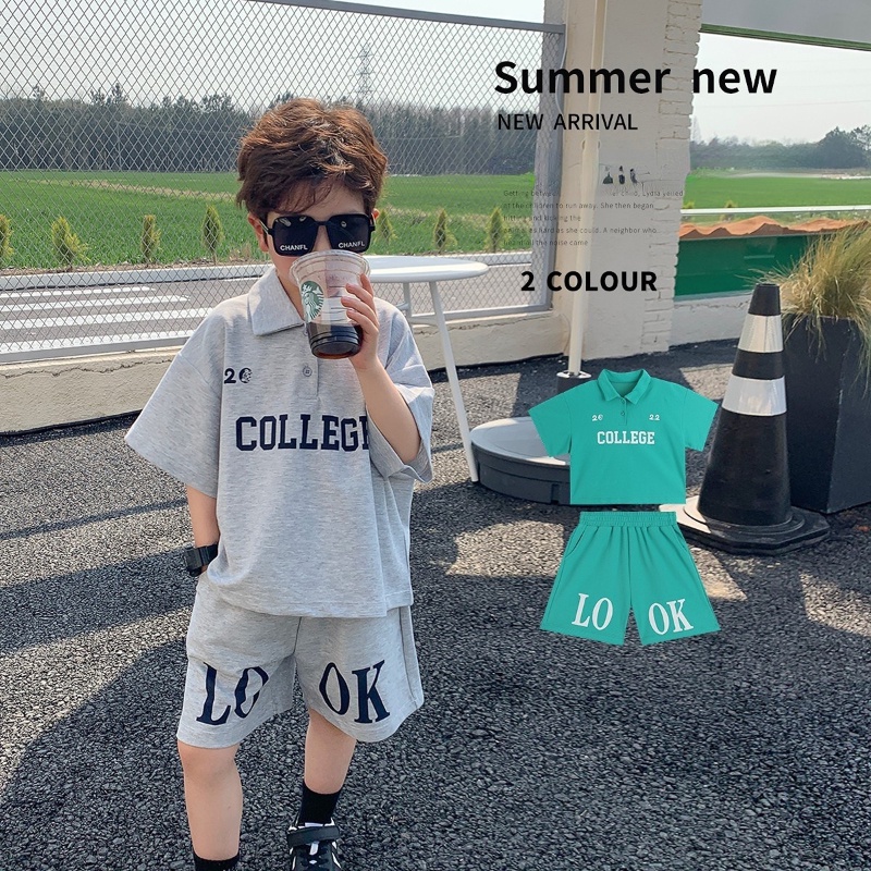 เด็ก-summer-set-2023-ใหม่เด็กชายสบายเสื้อโปโลหล่อแขนสั้นปกพิมพ์ตัวอักษร-ชุดสองชิ้น-เสื้อผ้าเด็กผู้ชาย