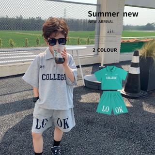 เด็ก Summer/Set 2023 ใหม่เด็กชายสบายเสื้อโปโลหล่อแขนสั้นปกพิมพ์ตัวอักษร/ชุดสองชิ้น เสื้อผ้าเด็กผู้ชาย