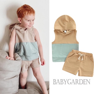 Babygarden-3m-3y ชุดเสื้อแขนกุด มีฮู้ด และกางเกงขาสั้น เอวยางยืด สีตัดกัน สําหรับเด็กผู้ชาย