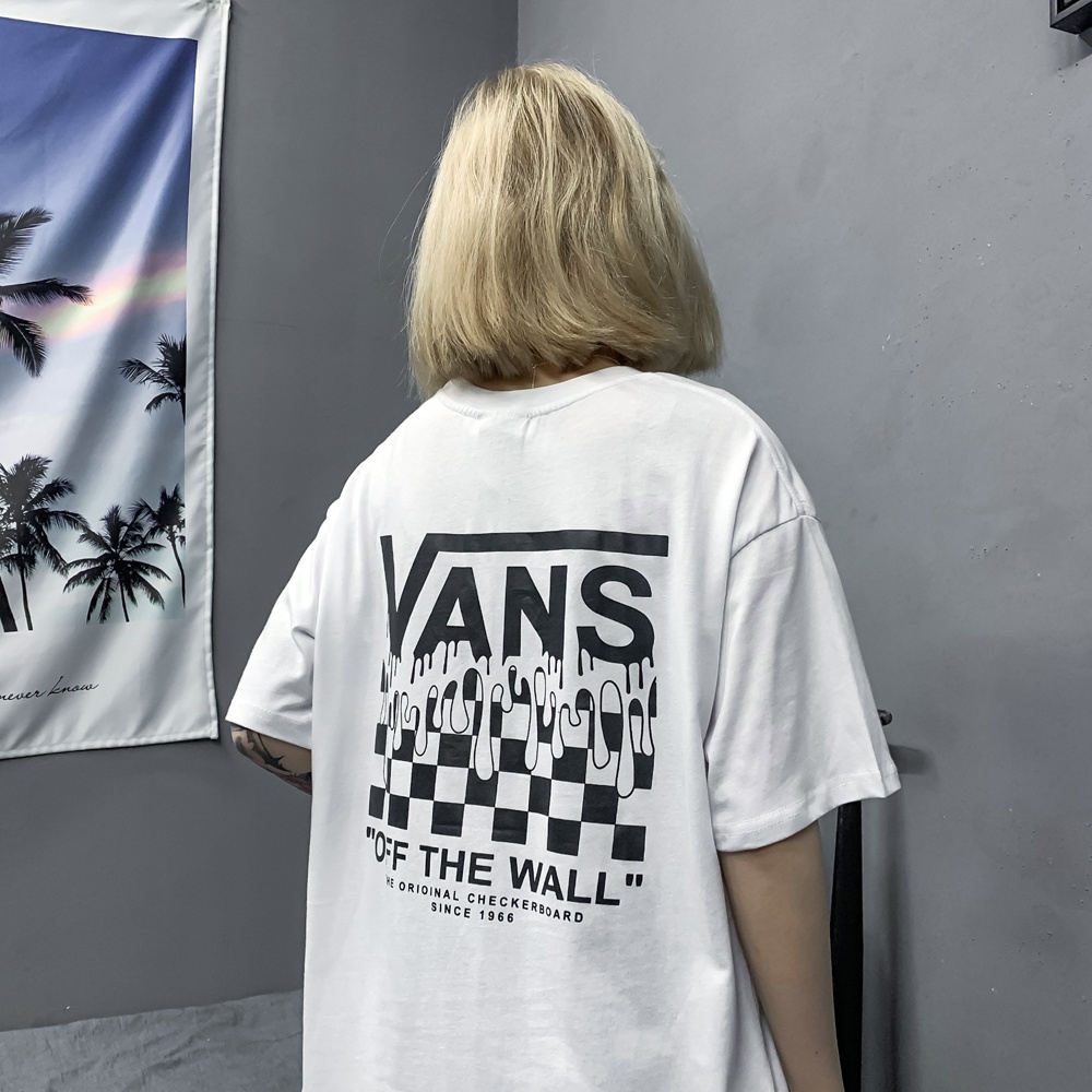 vans-wansi-เสื้อยืดแขนสั้นลําลองเนื้อผ้าฝ้ายลายตารางหมากรุกขนาดใหญ่สําหรับผู้หญิงและผู้ชาย