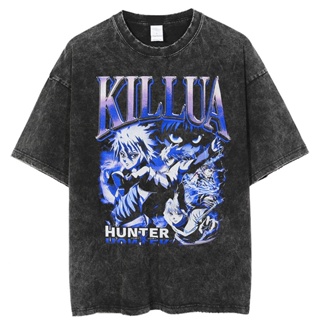 [S-5XL] ผู้ชายTเสื้อHi Ho Oversize Washed TShirt Men Streetwear Anime Hunter X Hunter Grahic T Shirt 2022 Summer Short S