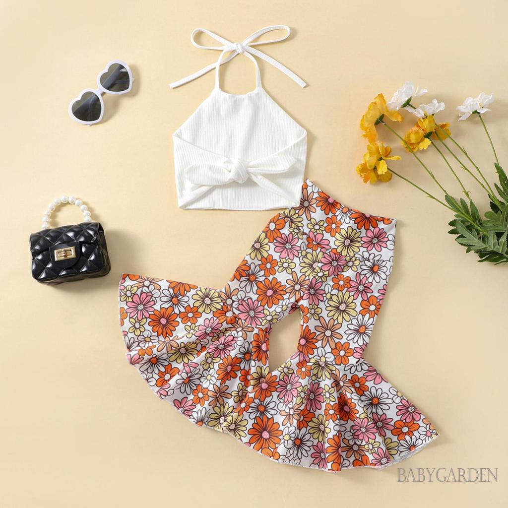 babygarden-1-6-ปี-ชุดเสื้อผ้าเด็กผู้หญิง-เสื้อผูกปมหลังแขนกุด-กางเกงขาบาน-ลายดอกไม้