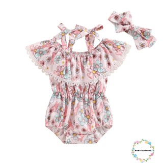 Babyclothes- ชุดรอมเปอร์ แขนกุด พิมพ์ลายกระต่าย ดอกไม้ พร้อมที่คาดผม สําหรับเด็กผู้หญิง 2 ชิ้น