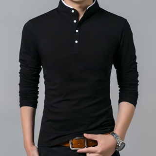 [S-5XL] ผู้ชายTเสื้อHot Sale 2022 Sring Mens Tshirt Long Sleeve Stand Basic Solid Blouse Tee Shirt To Casual Cotton Tshi