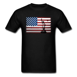 [S-5XL]Statue Of Liberty American Flag Red Stripe White Star Print Men Black T-shirt Short Sleeve Tees Shirt Retro Vinta