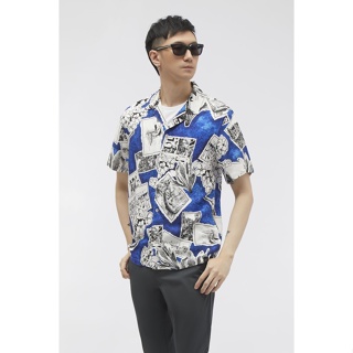 ESP เสื้อเชิ้ตฮาวายลายกราฟิก ผู้ชาย สีฟ้า | Graphic Print Hawaiian Shirt | 03701