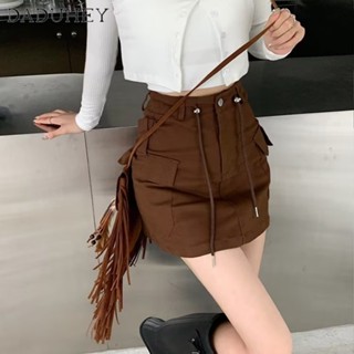 DaDuHey🎈 New Brown Sweet Cool Hot Girl Denim Short Pantskirt Summer New Korean Fashion Girl Niche Belt Hip Skirt