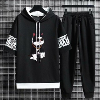 ✚[ชุดสองชิ้น] เสื้อกันหนาวแขนสั้นลําลอง พิมพ์ลายการ์ตูนปิกาจู และกางเกงขาสั้น แฟชั่นฤดูร้อน สําหรับผู้ชาย และนักเรียน