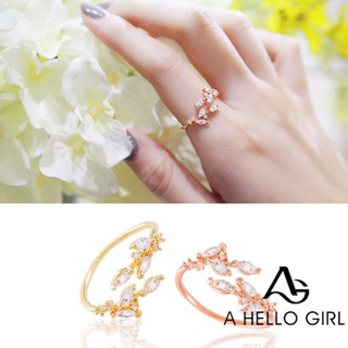 A HELLO GIRL Cincin แหวนแฟชั่นเปิดประดับเพทายรูปใบไม้สไตล์เกาหลีสําหรับผู้หญิง