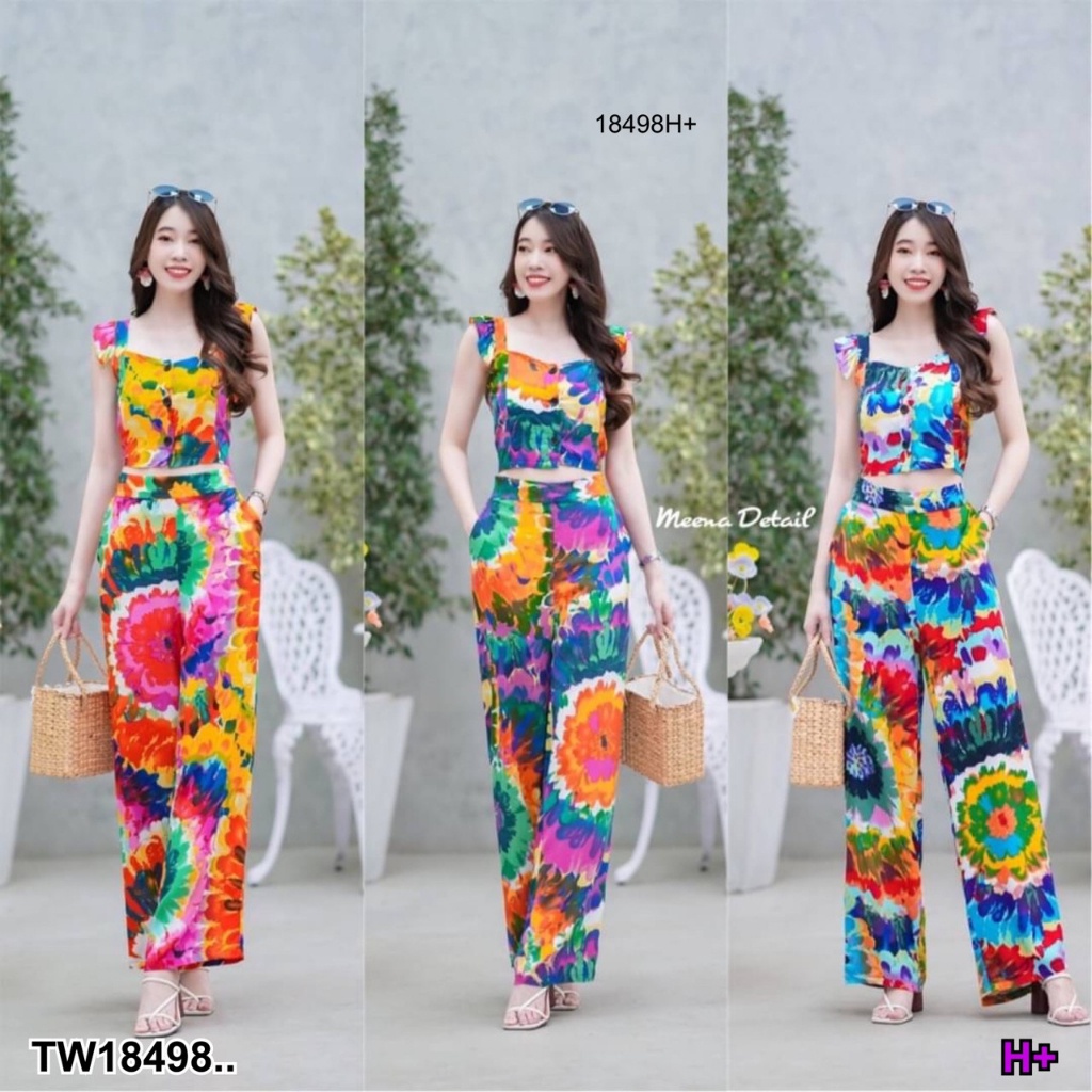 s4u-พร้อมส่ง-set-เสื้อสายเดี่ยวมัดย้อม-กางเกงขายาวมัดย้อม-เสื้อผ้าแฟชั่นผู้หญิง-ชุดไปทะเล-ชุดเซ็ท-ชุดทำงาน-สาวอวบ