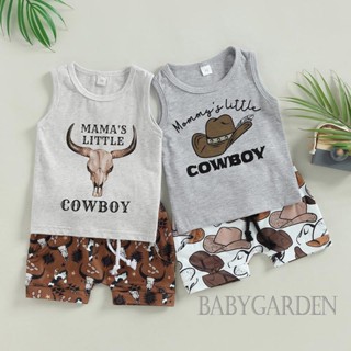 Babygarden-0-3y ชุดเสื้อผ้าเด็กผู้ชาย หมวกคาวบอย / เสื้อกล้าม พิมพ์ลายวัว + กางเกงขาสั้น เอวยางยืด