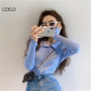 Coco~เสื้อถัก แขนยาว สีทึบ แฟชั่นเวอร์ชั่นเกาหลี