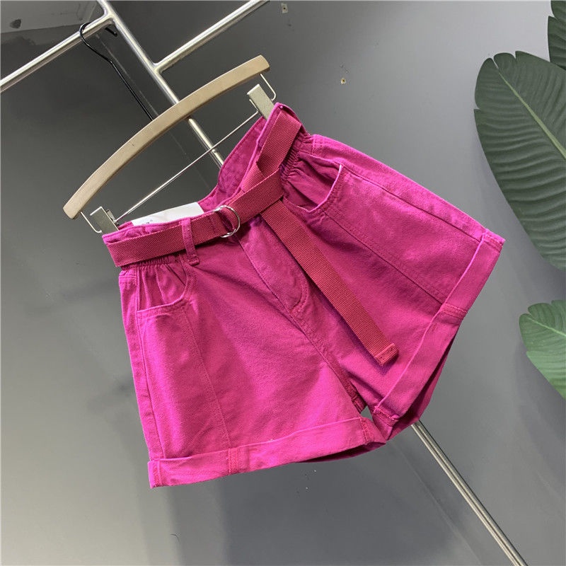 rose-red-shorts-กางเกงยีนส์ขาสั้น-2023-ฤดูร้อนใหม่แฟชั่นรีดขอบยางยืดเอวสูงกางเกงขากว้าง