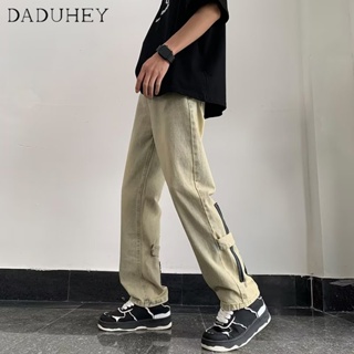DaDuHey🔥 Mens 2023 New Hong Kong Style Trendy Casual Pants Functional Hip Hop Yellow Mud Color Multi-Zipper Jeans