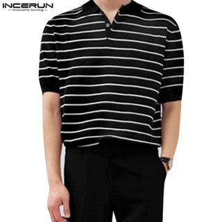 ภาพหน้าปกสินค้าINCERUN Men\'s loose striped lapel short-sleeved shirt POLO Shirts ที่เกี่ยวข้อง
