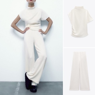 Zara Sets เสื้อแขนสั้น คอปก จับจีบ แบบนิ่ม และกางเกงขากว้าง แฟชั่นฤดูใบไม้ผลิ 20230264060 0264013