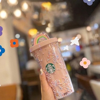 Focuslife Starbucks แก้วน้ําสองชั้น มีหลอดดูด สีรุ้ง สําหรับเด็กผู้หญิง