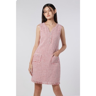 EP เดรสผ้าทวีตทรงตรงลายฮาวส์ทูธ ผู้หญิง สีแดง | Houndstooth Tweed Shift Dress | 4508