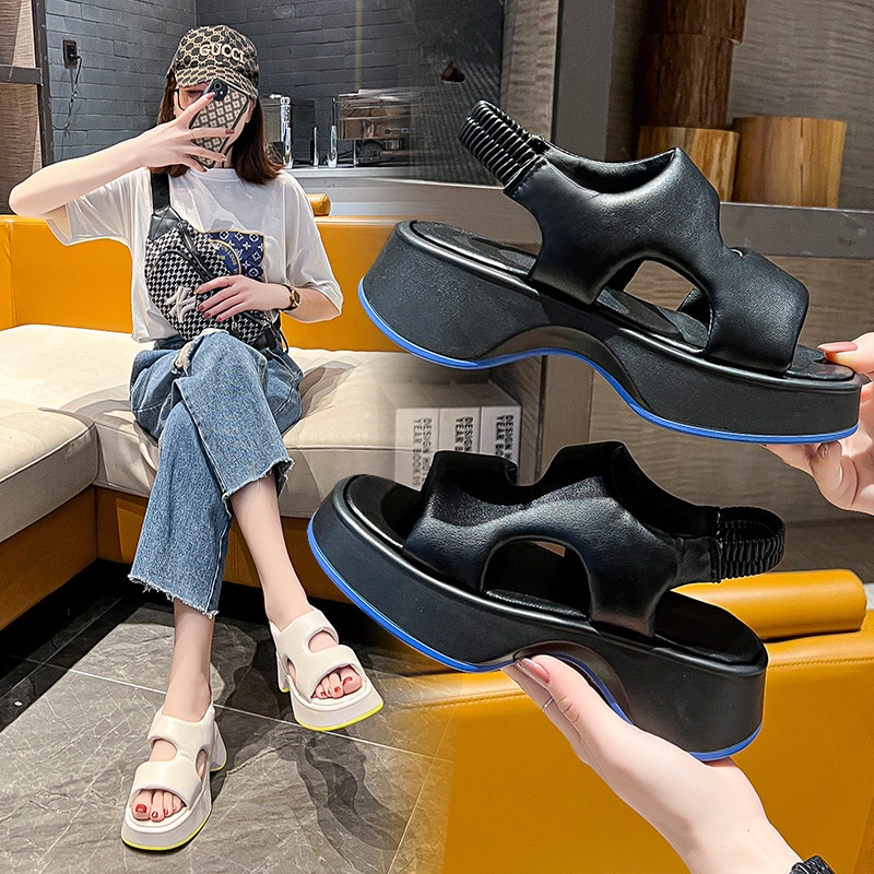 renben-ฤดูร้อนใหม่ผ้ายืดหยุ่นด้านล่างแบนหัวตารางเปิดนิ้วเท้าลำลองมัฟฟินรองเท้าแตะชายหาดด้านล่างหนาของผู้หญิงและรองเท้าแตะส้นเตารีด