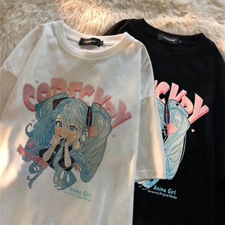 เสื้อยืดแขนสั้น ผ้าฝ้าย พิมพ์ลายการ์ตูนอนิเมะ ทรงหลวม สองมิติ ของแท้ เหมาะกับฤดูร้อน สําหรับผู้หญิง และนักเรียน