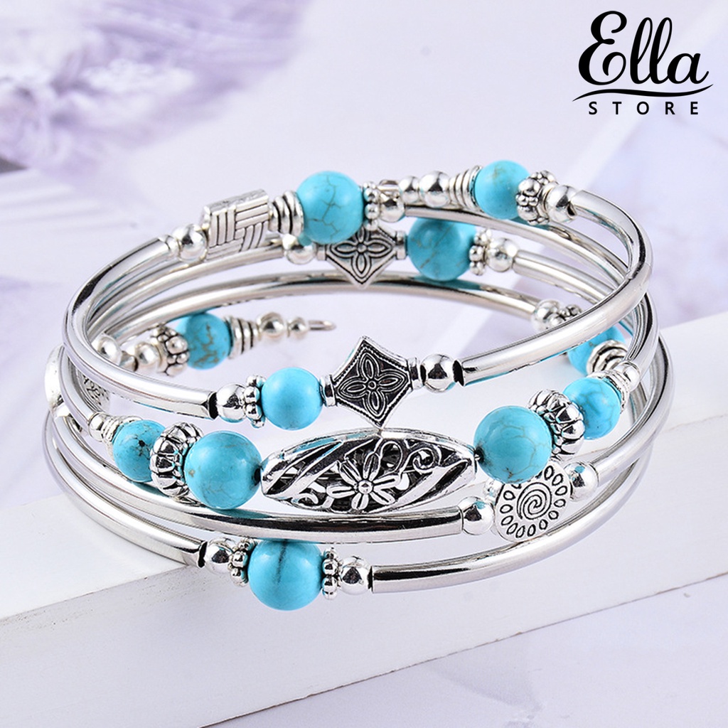 ellastore123-กําไลข้อมือ-หินธรรมชาติ-หลายชั้น-สีฟ้าเทอร์ควอยซ์-เครื่องประดับ-สําหรับผู้หญิง