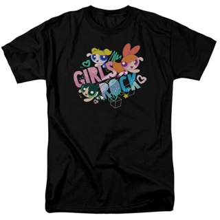 เสื้อยืดแขนสั้นสาว Powerpuff Girls Rock T Shirt Mens ที่ได้รับอนุญาตการ์ตูนสินค้าสีดำS-5XL