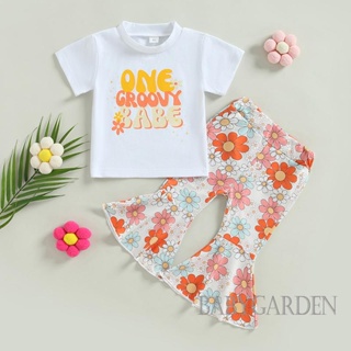 Babygarden-6m-4y เสื้อผ้าเด็กผู้หญิง Se, เสื้อแขนสั้น สีขาว พิมพ์ลายตัวอักษร + กางเกงขาบาน ลายดอกไม้