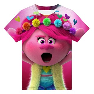 เสื้อยืดแขนสั้น พิมพ์ลายการ์ตูน Trolls 3 มิติ น่ารัก แฟชั่นฤดูร้อน สําหรับเด็กผู้หญิง