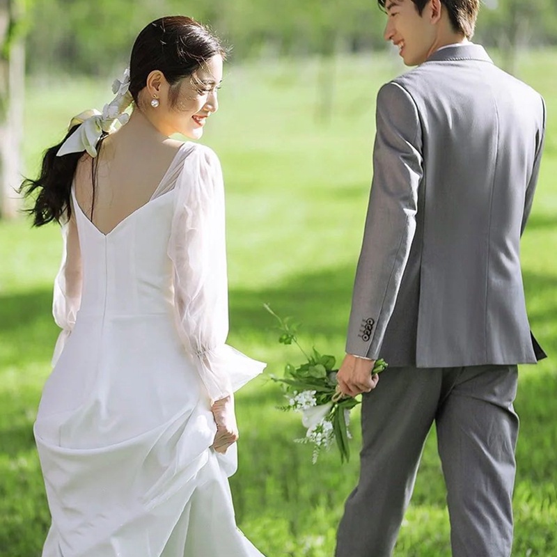 ชุดเดรสแต่งงาน-แขนยาว-ผ้าซาติน-เรียบง่าย-สไตล์ฝรั่งเศส-ff321