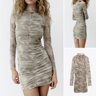 Zara ชุดเดรสสั้น แขนยาว คอตั้ง จับจีบ เข้ารูป ยกสะโพก สไตล์ใหม่ แฟชั่นฤดูใบไม้ผลิ 8