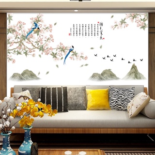 【Zooyoo】สไตล์จีนภูเขานกกางเขนสาขาดอกไม้ห้องนั่งเล่นพื้นหลังผนังสติ๊กเกอร์ห้องพักโซฟาพื้นหลังสติ๊กเกอร์