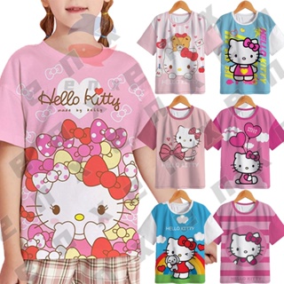 ใหม่!เสื้อยืดแฟชั่น ลาย Hello Kitty สีตัดกัน สําหรับเด็กผู้หญิง อายุ 3-13 ปี