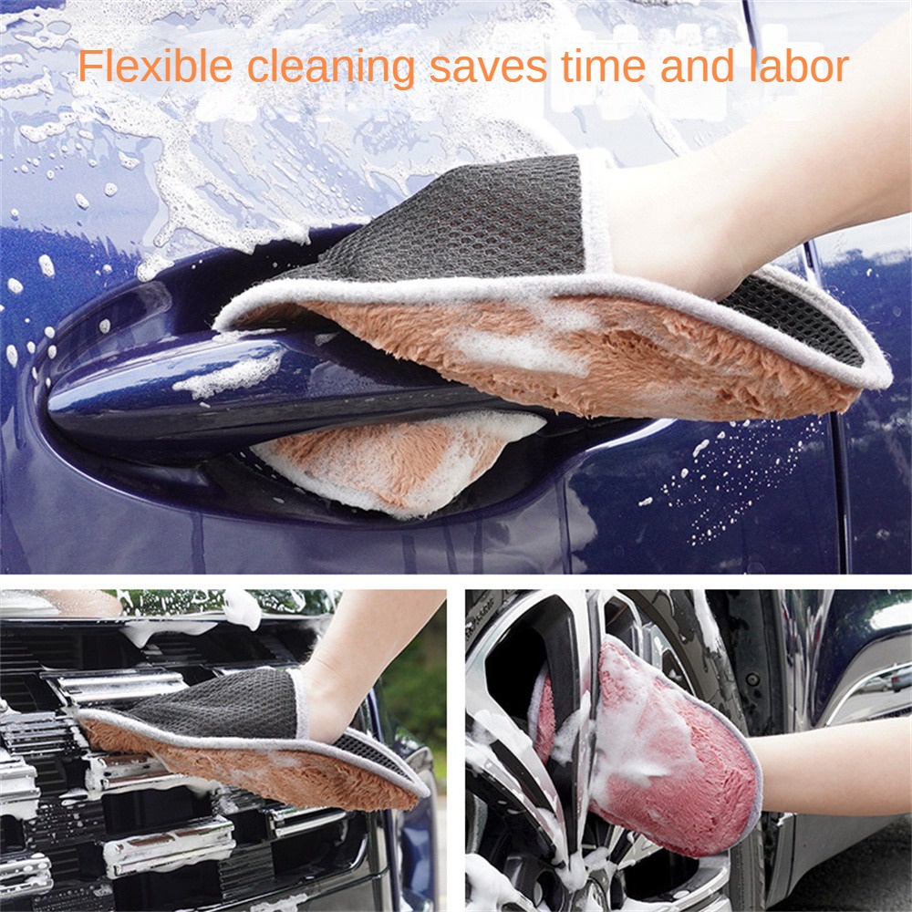 ถุงมือล้างรถภายในรถทำความสะอาดปะการังกำมะหยี่อุ้งเท้าหมีผ้าขนหนูล้างรถถุงมือทำความสะอาดรถสีสุ่ม-booboom