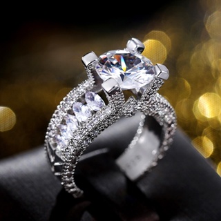 แหวนเงินแท้ เกรด 925 ประดับเพทายคริสตัล ทรงกลม หรูหรา เครื่องประดับ สําหรับเจ้าสาว งานแต่งงาน