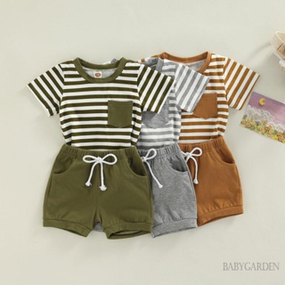 Babygarden-0-3 ปี ชุดเสื้อผ้าเด็กผู้ชาย เสื้อยืดแขนสั้น ลายทาง + กางเกงขาสั้น เอวยางยืด