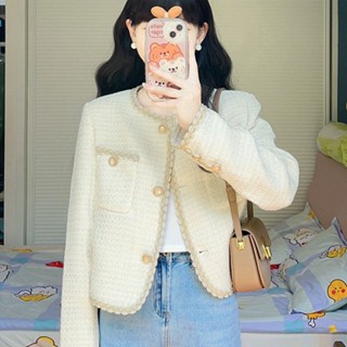 ♙❁สไตล์ฝรั่งเศส น้ำหอมขนาดเล็ก เสื้อโค้ทสั้น ฤดูใบไม้ผลิของผู้หญิง ความรู้สึกระดับไฮเอนด์ของเสื้อคาร์ดิแกนขนาดเล็กสไตล์ค