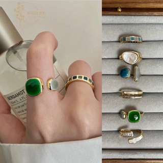 สินค้า Roselife แหวนเปิด ประดับอัญมณี สีเขียว สีฟ้า สไตล์เกาหลีวินเทจ ปรับได้ เครื่องประดับ สําหรับผู้หญิง