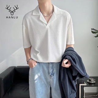สินค้า HANLU เสื้อยืด เสื้อโปโล คอปก แขนสั้น ผ้าถัก ลายทาง ฤดูร้อน สําหรับผู้ชาย สไตล์เกาหลี