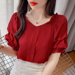 [Fashion Recommendation] เสื้อยืดแขนสั้น ผ้าชีฟอง แบบบาง สีแดง แฟชั่นฤดูร้อน สําหรับผู้หญิง