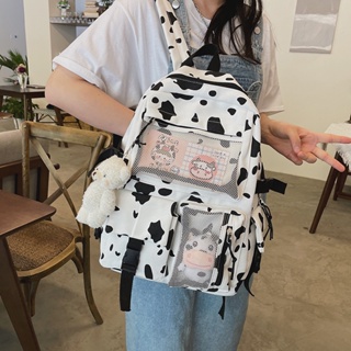 กระเป๋าเป้สะพายหลัง กระเป๋านักเรียน ผ้าแคนวาส ลายวัวน่ารัก สีคอนทราสต์ สไตล์เกาหลี สําหรับเด็กผู้หญิง [พร้อมส่ง]