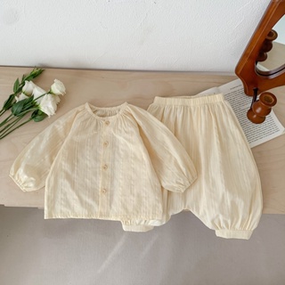 ชุดเสื้อเชิ้ต แขนยาว สีเบจ พร้อมกางเกง สําหรับเด็กผู้หญิง อายุ 3-36 เดือน 2 ชิ้น
