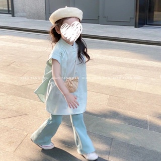 【ชุดเด็กผู้หญิง】เด็กเกาหลีรุ่นสบาย ๆ สองชิ้นเสื้อผ้าเด็กเกาหลี 2023 ฤดูใบไม้ผลิสาวเสื้อหลวมหลวม ๆ ฮอร์นกางเกงขายาวคลื่น