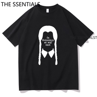 เสื้อยืดผ้าฝ้ายWednesday Addams T Shirt Women/Men Harajuku Graphic Halloween Tshirts Unisex Letter On Wednesdays We Wear