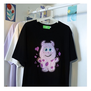100% cotton purple cute little monster t-shirt 3D plush three-dimensional embroidery short sleeves