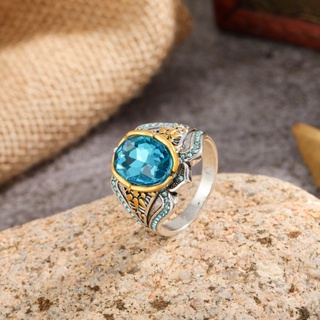แหวนแกะสลักอัญมณี สีฟ้า สองสี สไตล์วินเทจ ยุโรป และอเมริกา เครื่องประดับแหวนแต่งงาน ของขวัญวันเกิด ปาร์ตี้ แหวน
