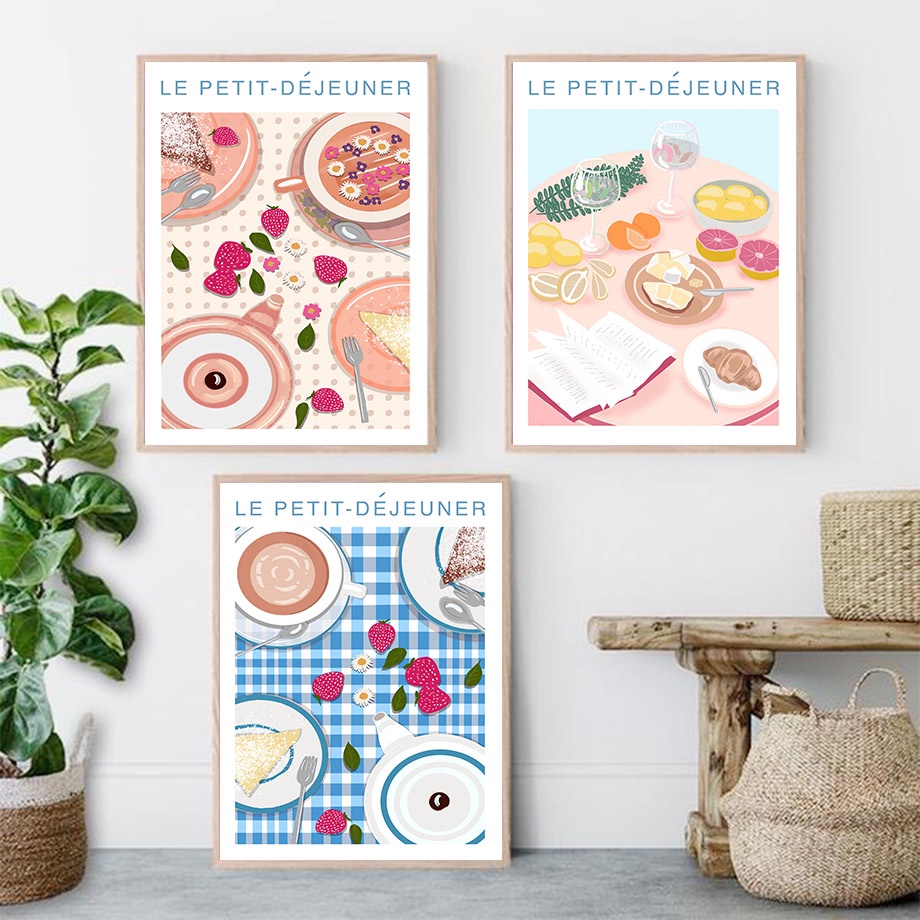โปสเตอร์ภาพวาดผ้าใบ-รูปอาหารเช้า-กาแฟ-ชา-สไตล์ฝรั่งเศส-สําหรับตกแต่งผนังห้องนั่งเล่น